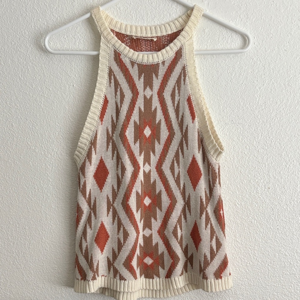 Warm Cozy Knit Tank Top - Cream and Brown